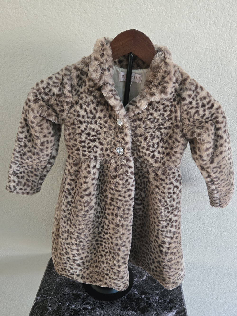 Girls Faux Fur Leopard Print Coat - Taupe/Brown. Biscotti Collection. Size 5